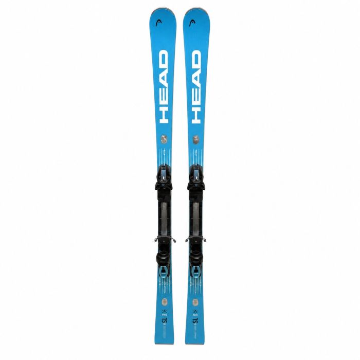 Head Worldcup Rebels e-SL Pro ski paar vooraanzicht volledig, blauw met wit HEAD-logo en e-SL PRO opschrift nabij de staart, zwarte bindingen zichtbaar in het midden, gefotografeerd tegen witte achtergrond
