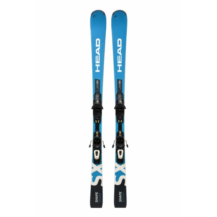 Head Shape SX ski 156 cm vooraanzicht – blauw/wit/donkerblauwe ski's met PR 11 GW bindingen en 'SX SHAPE' tekst op staart, volledig zichtbaar op witte achtergrond in skiwinkel