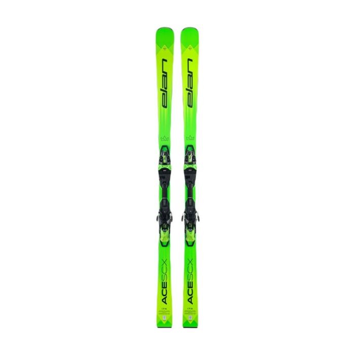 Sci Elan ACE SCX 2026, vista frontale con grafica verde e nera.