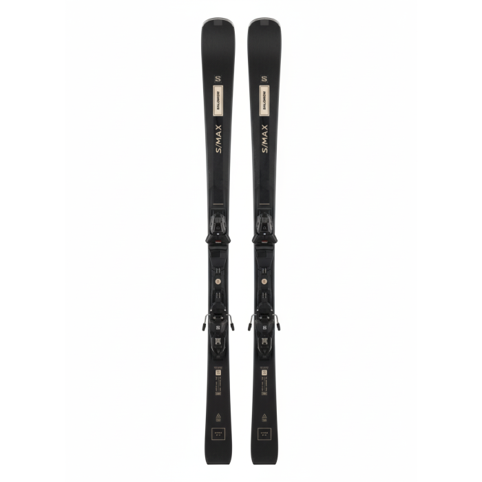 Sci Salomon S/MAX N8 visti di lato, con attacchi montati e grafica elegante.