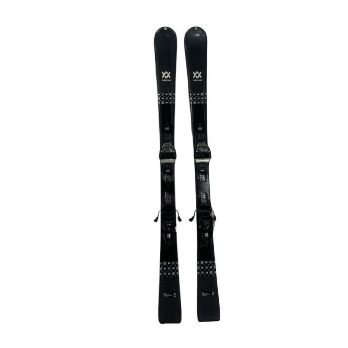 Sci Völkl Flair 72 visti di lato, con attacchi montati e design nero e bianco.