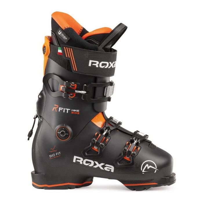 Scarponi da sci Roxa R-Fit Hike 90 RTL, vista laterale con dettagli arancioni.