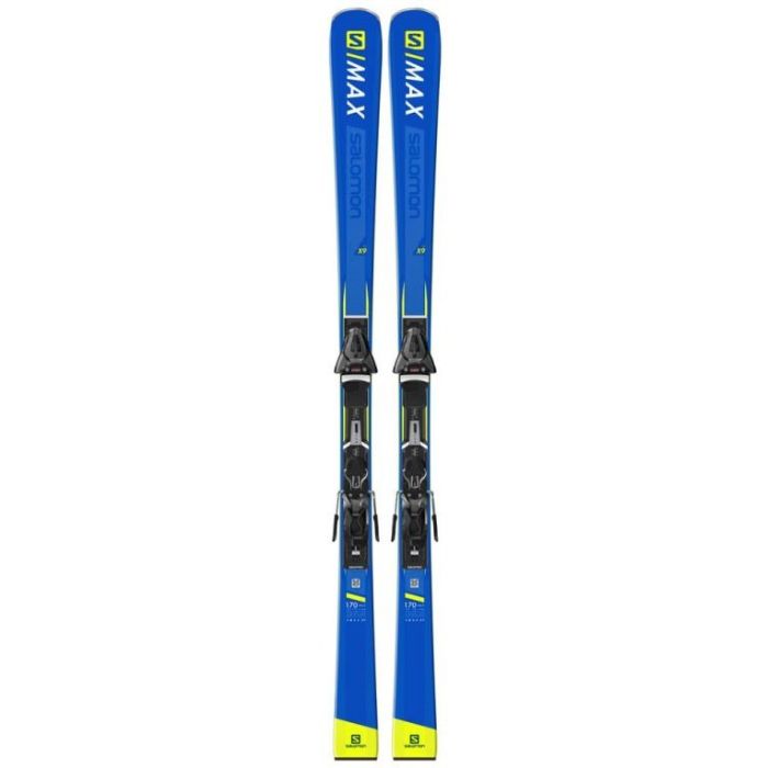 Sci Salomon S-RACE X9 Ti con attacchi, vista laterale e frontale.