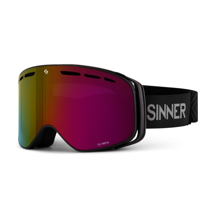 Sinner Ski Bril Olympia: maschera da sci con lenti a specchio viola e dettagli neri.