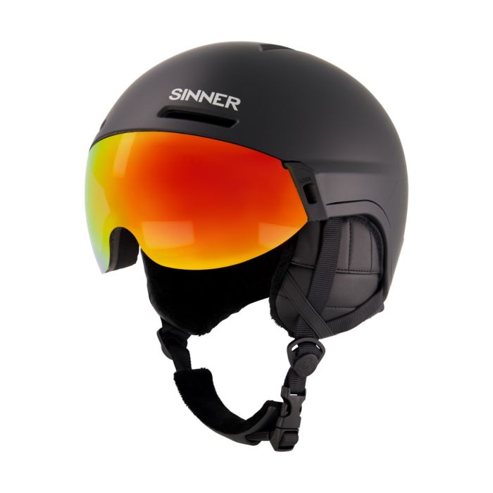 SIHE-158-10: casco da sci con visiera arancione e logo Sinner.