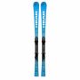 Head Worldcup Rebels e-SL Pro ski paar vooraanzicht volledig, blauw met wit HEAD-logo en e-SL PRO opschrift nabij de staart, zwarte bindingen zichtbaar in het midden, gefotografeerd tegen witte achtergrond