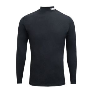 Spines The Original thermoshirt zwart, vooraanzicht met lange mouwen, opstaand boord en wit logo op de kraag