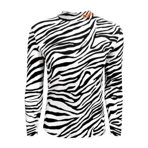 Spines The Zebra thermoshirt met zwart-witte zebraprint, vooraanzicht met lange mouwen en opstaand boord