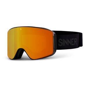 Sinner Aura skibril zwart – zijprofiel met de oranje spiegelende lens en zwarte band.